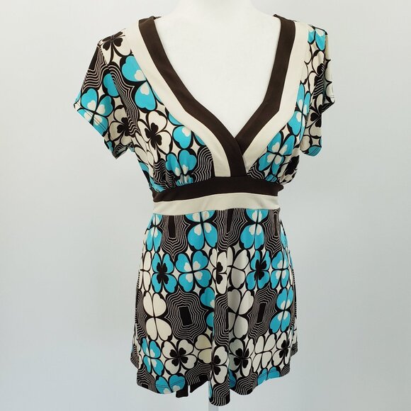 Vintage Y2K Speechless Babydoll Top Size L Brown Turquoise Retro Print Tie Waist - Picture 1 of 7